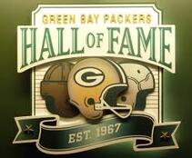 Logo of Green Bay Packers Hall of Fame showing 3 helmets from different times.