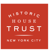Historic House Trust logo of white letters on red background.